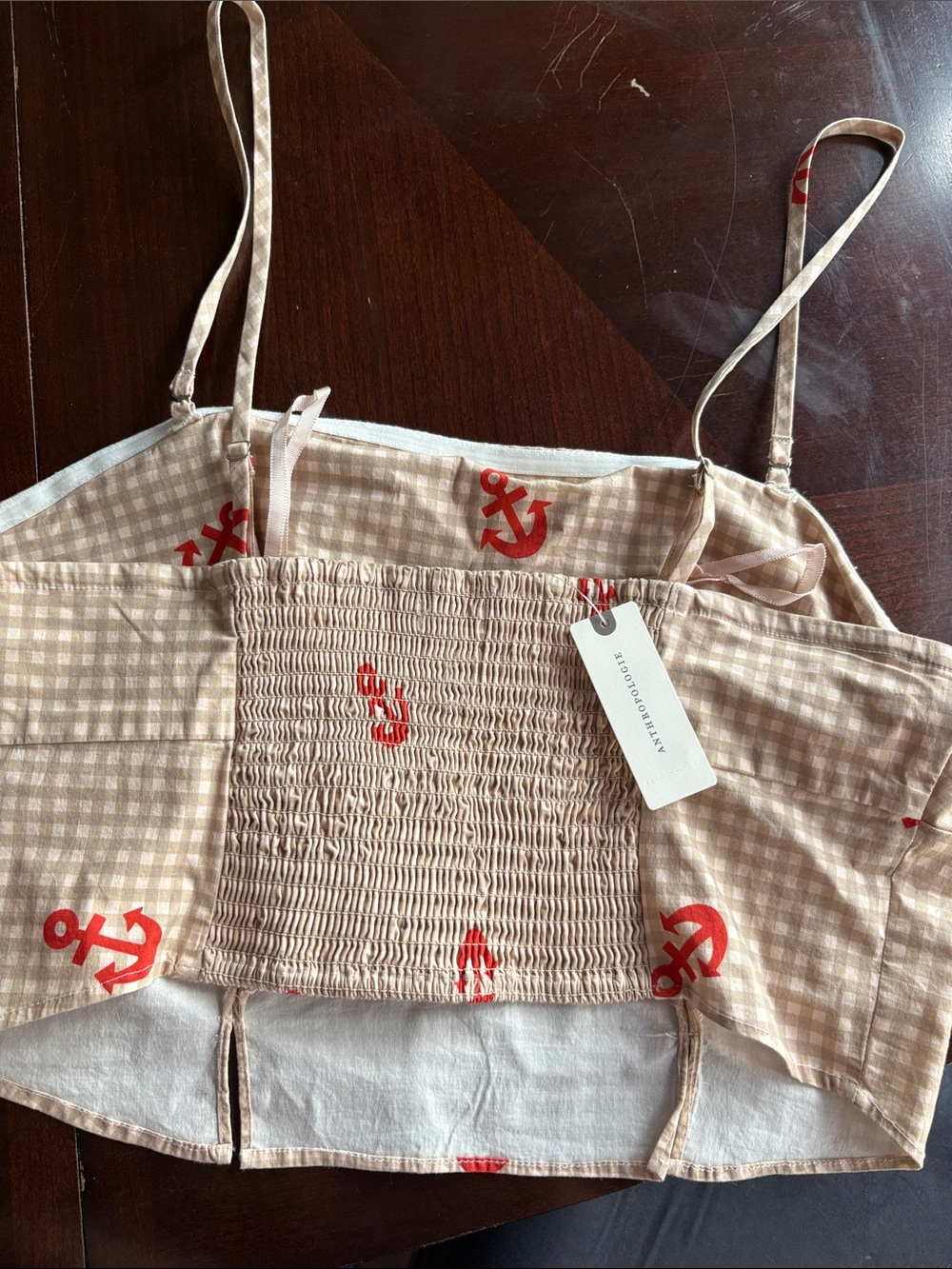 Anthropologie Beige Gingham Cami with Red Anchor Print - Picture 3 of 4